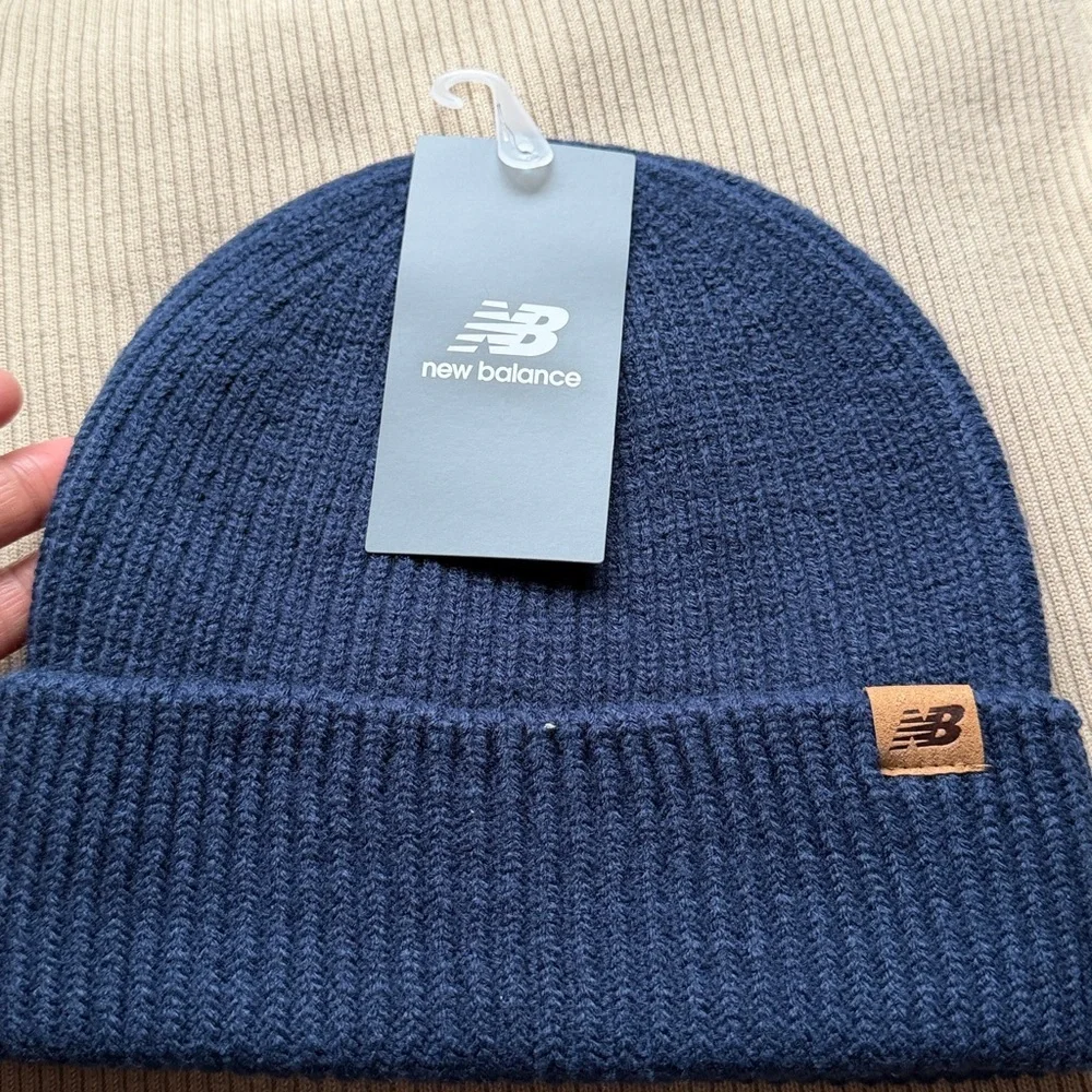 New Balance Navy Ribbed Cuff Beanie with Leather Logo